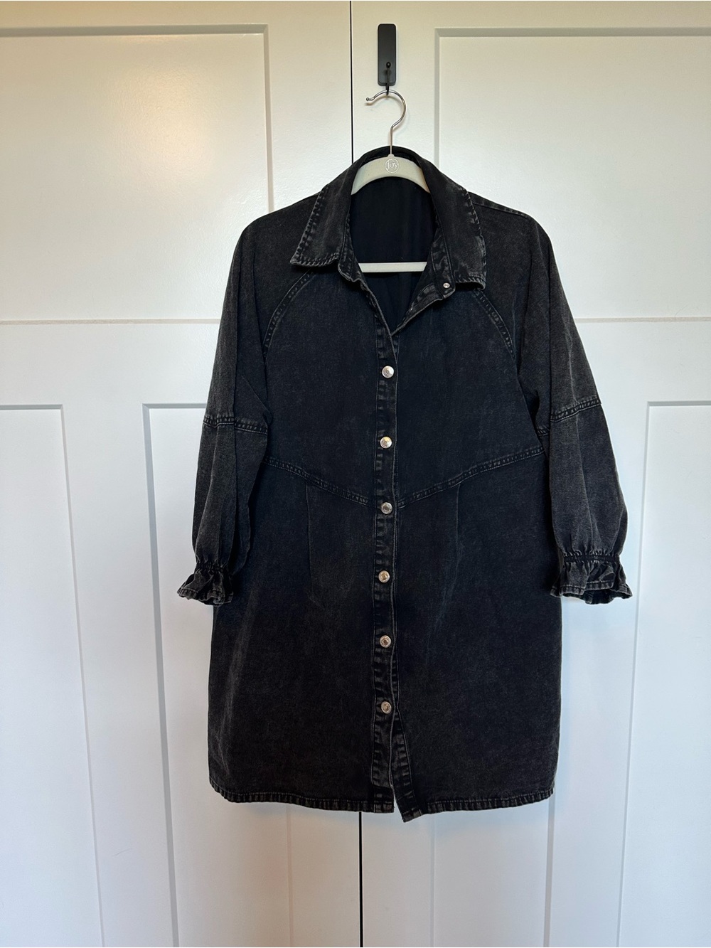 Washed Black Button-Front Denim Shirt Dress